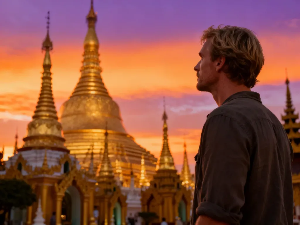 Turysta podziwiający majestatyczną, złotą pagodę Shwedagon w Mjanmie podczas zachodu słońca.